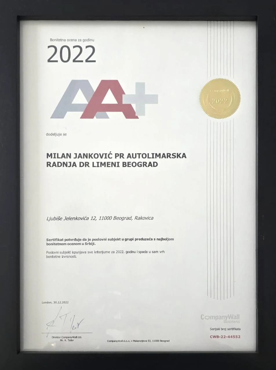 Bonitetna ocena za 2022. godinu